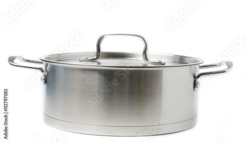 Stainless steel pot on white background