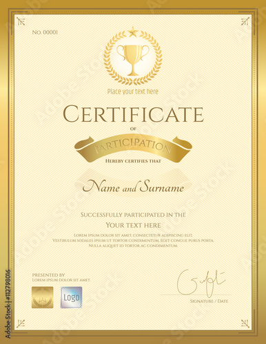Portrait certificate of participation in gold theme with award trophy