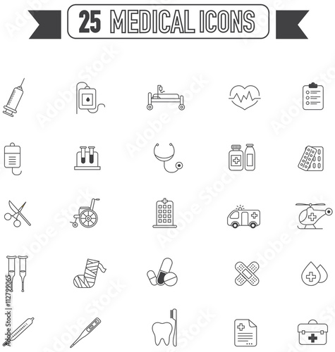 Flat line icon silhouette medical, physicians, and hospital tool equipment sign and symbol icon collection set use for medical health care, create by vector