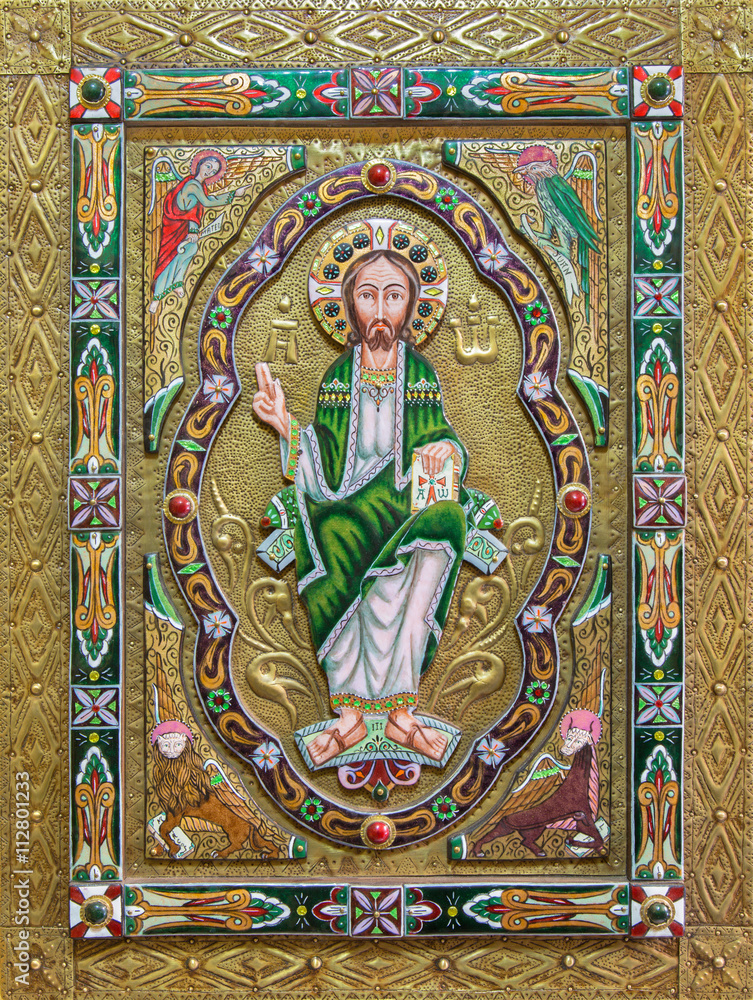SALAMANCA, SPAIN, APRIL - 18, 2016: The modern enameled incon of Christ the Pantorkrator by artist Luis Enrique G. Reina.