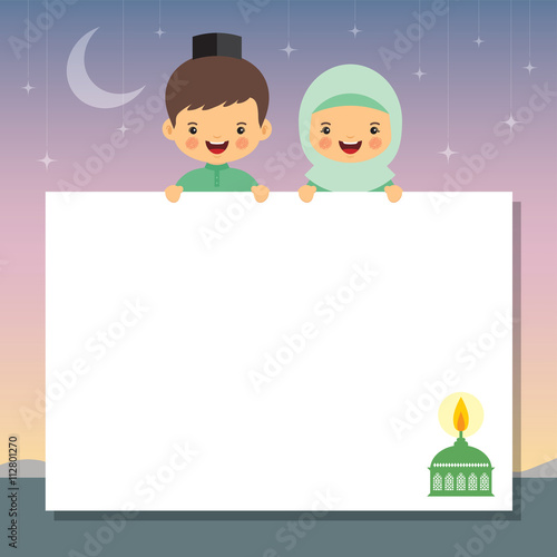 Hari Raya vector illustration with muslim oil lamp. Muslim kids holding white paper and beautiful starry night as background. Hari raya message board.