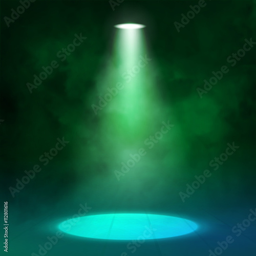 Lantern spotlight illuminates wooden scene. Green color. Vector illustartion.