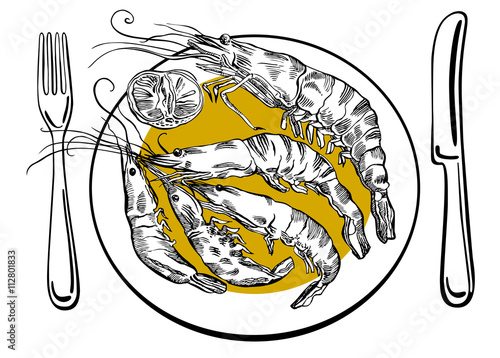 Hand drawn vector illustration. Seafood plate with shrimps and lemon.