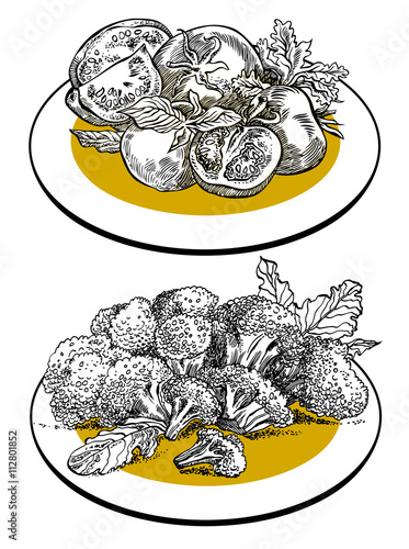 Set of tomatoes and broccoli. Hand drawn vector illustration. Vegetarian salads.