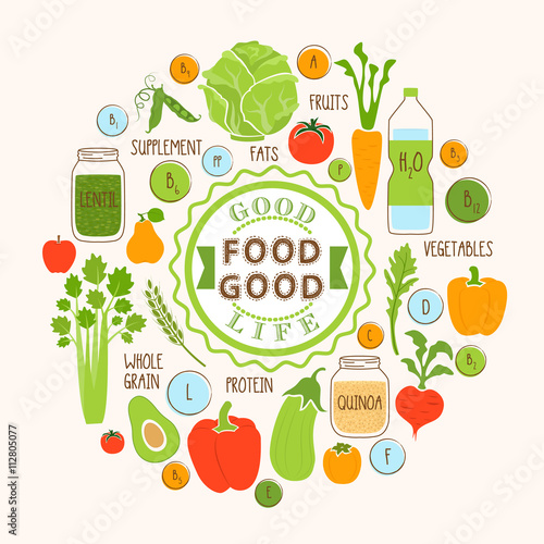 Healthy food background fresh vegetable and fruit vector illustration. Vegetarian menu elements. Natural food concept.