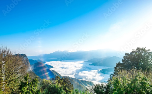 Beautiful morning sunrise, dramatic cloud of sea, giant rocks and Yushan mounatin under bright blue sky in Alishan(Ali mountain) National Park, Taiwan photo