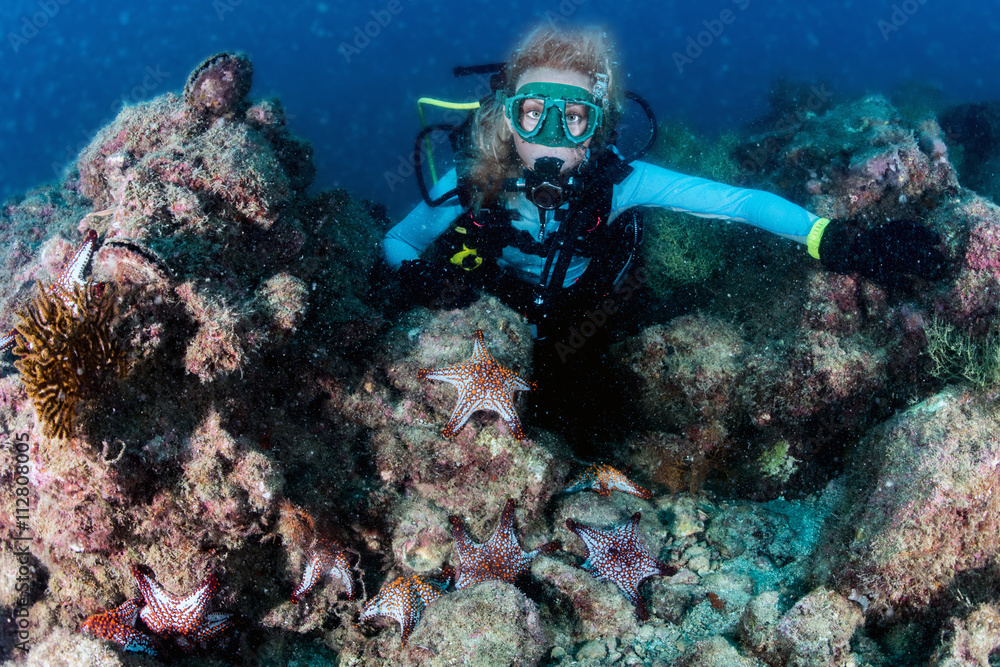 Φωτογραφία beauty blonde diver girl looking at you with red sea stars