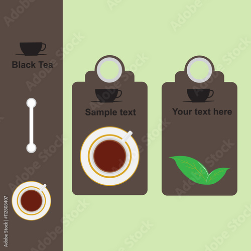 The price tag for tea, a beautiful label, different grades of tea, a cup for tea, cheerfulness and mood
