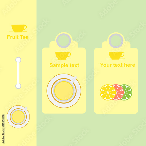 The price tag for tea, a beautiful label, different grades of tea, a cup for tea, cheerfulness and mood
