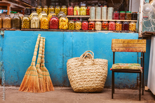 Canned home-made products in the counter of Azerbaijani Baku old market photo