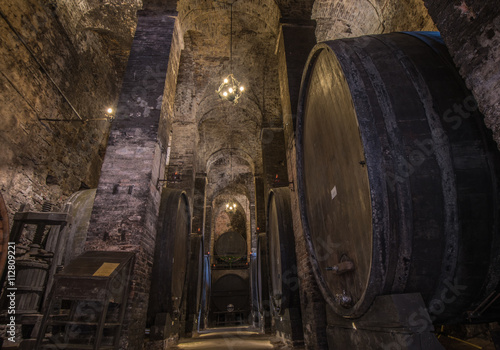 Canvas Print Wine barrels (botti) in a Montepulciano cellar, Tuscany