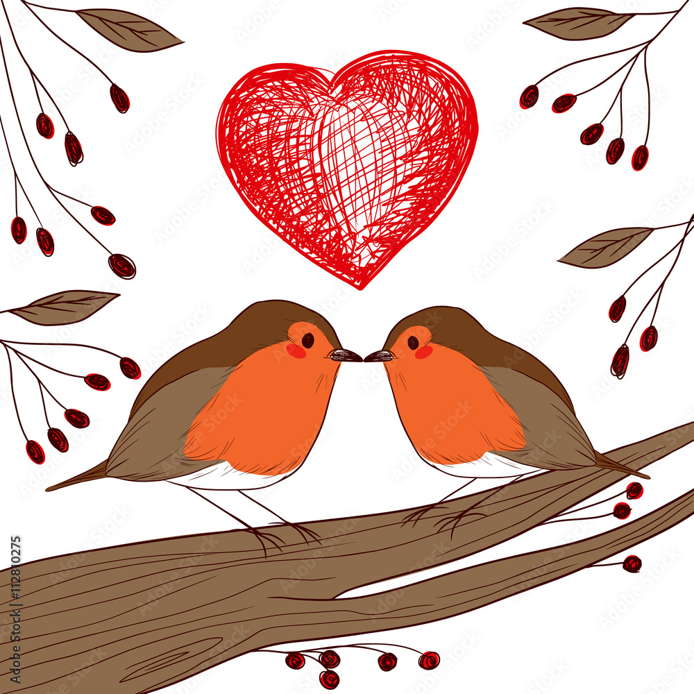 Cute little male and female robin birds in love perched on branch with