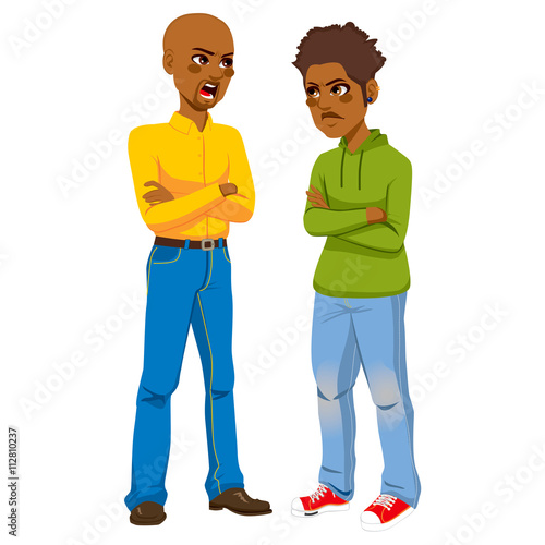 African American angry father having a quarrel arguing with rebel teen son wearing piercings