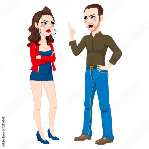Angry father having a quarrel arguing with rebellious teenage daughter wearing a dress too short