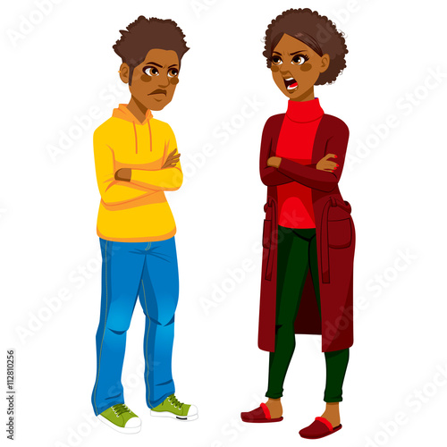 African American angry mom having a quarrel arguing with rebel teen son wearing piercings