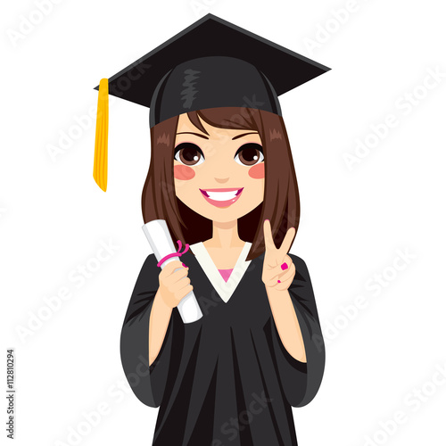 Beautiful brunette girl on graduation day holding diploma and making victory sign hand gesture