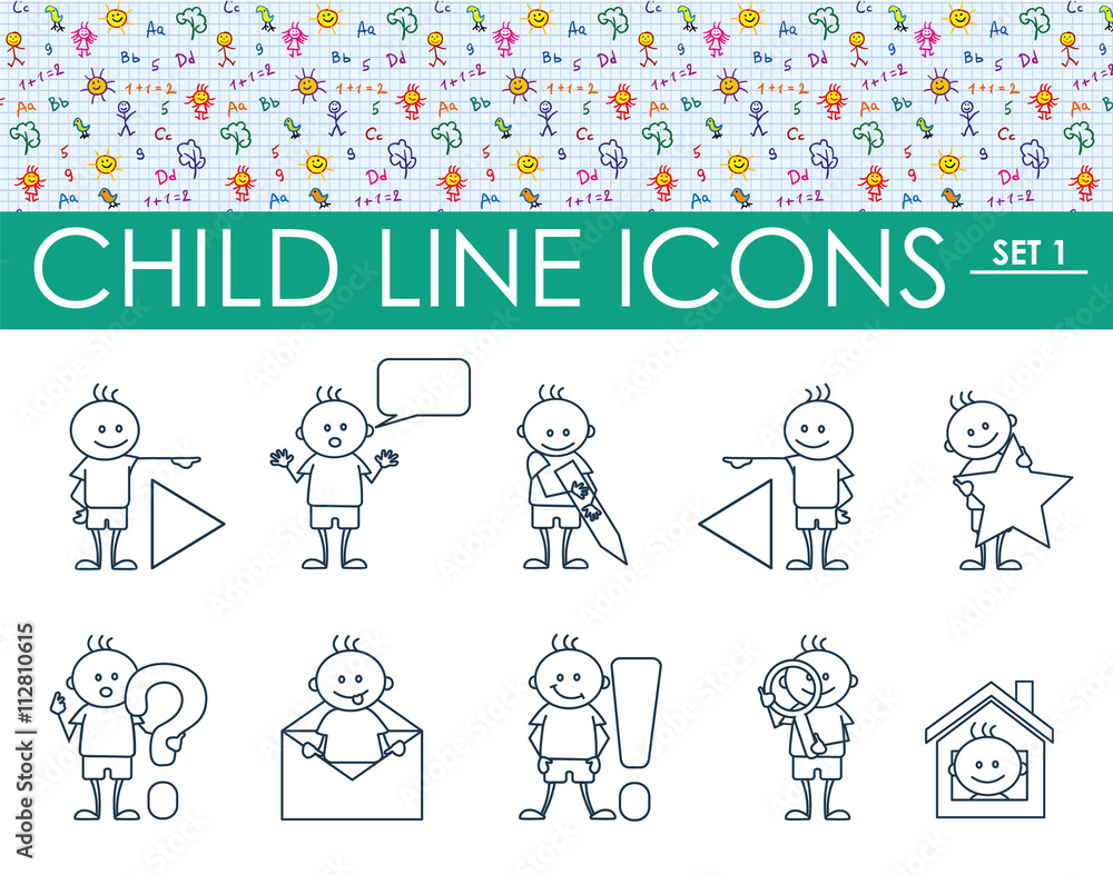 Child line icons. Outline web icon set. Happy boy cartoon doodle collection. set 1 Child line icons. Outline web icon set. Happy boy cartoon doodle collection. set 1