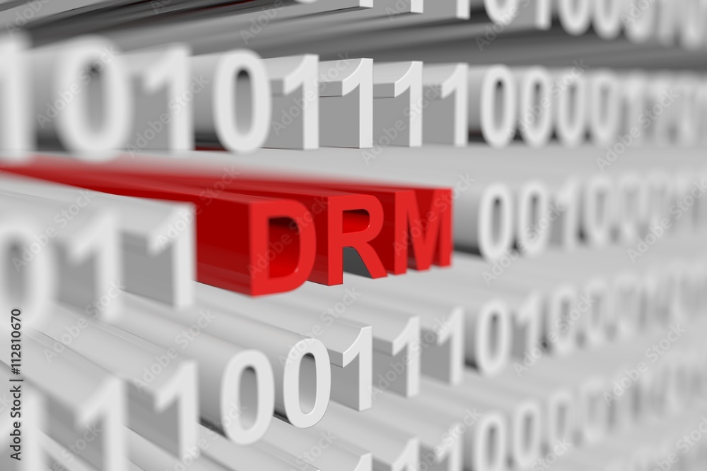 DRM as a binary code with blurred background 3D illustration
