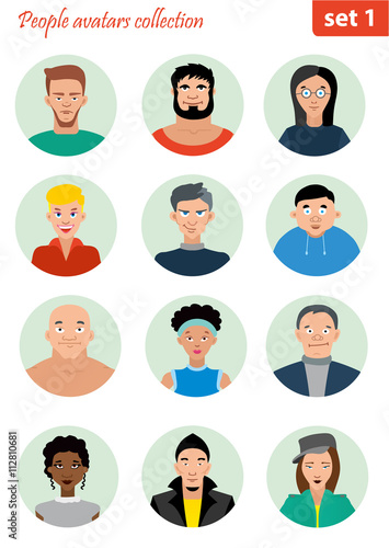 People avatar collection. Different nationalities, clothes and hair styles. Cute and simple flat cartoon style.