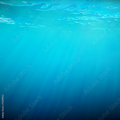 Underwater blue background in sea, ocean, with volume light. 3d illustration