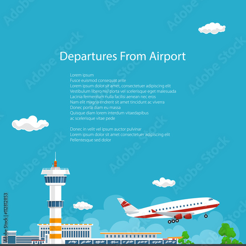 Airplane Takes Off from the Airport , Airport Background, Control Tower and Airplane , Travel and Tourism Concept , Air Travel and Transportation, Vector Illustration