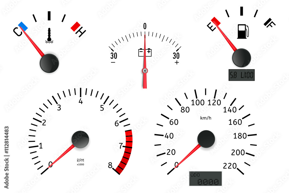 Dashboard detailed elements speedometer, tachometer, fuel gauge