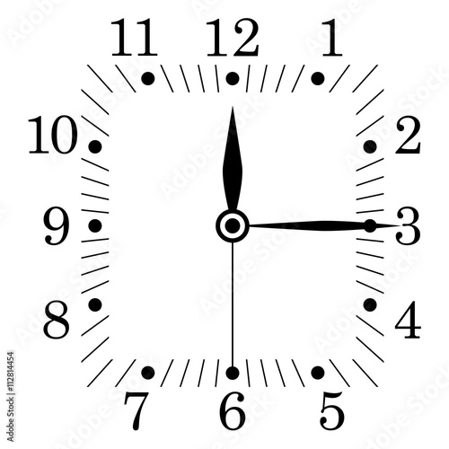 Clock face. Square shape. Twelve fifteen