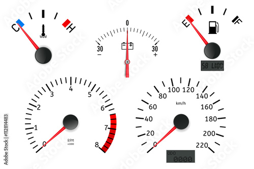 Dashboard detailed elements: speedometer, tachometer, fuel gauge, temperature gauge