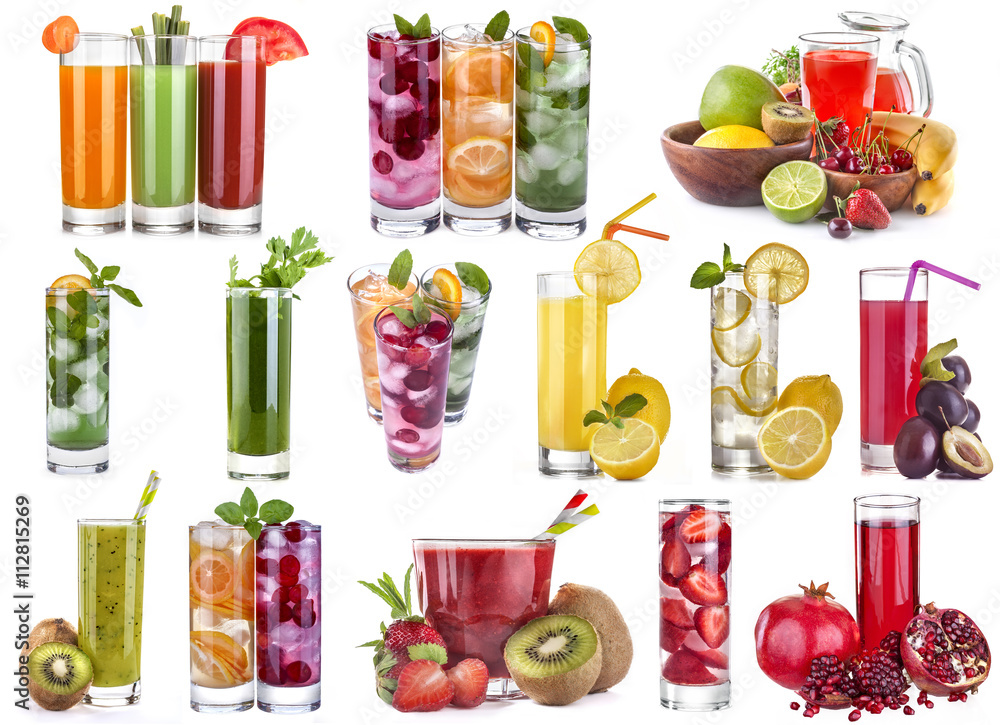 collage of different kinds of fruit and vegetable juices and ice drinks  Stock Photo | Adobe Stock