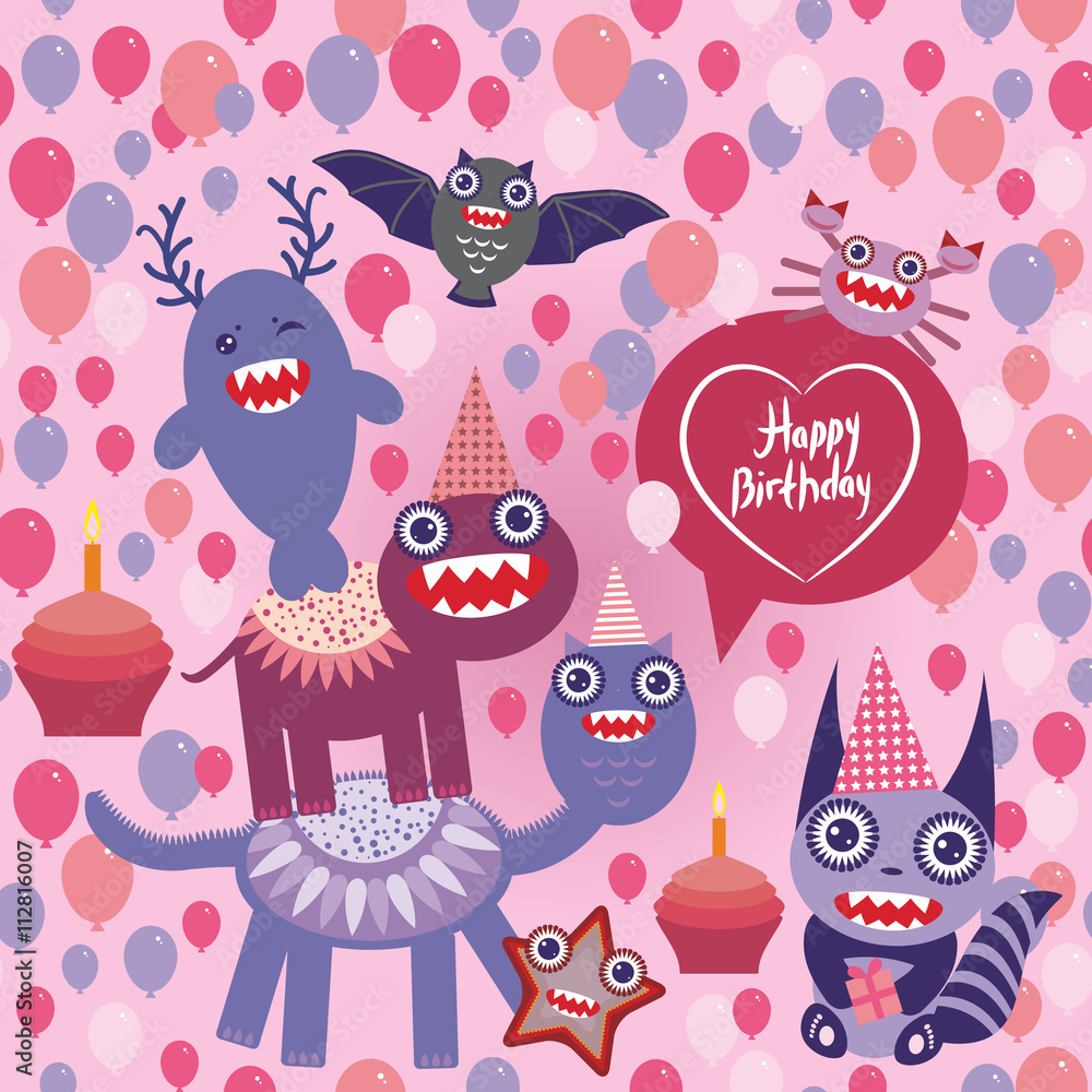happy birthday Funny monsters party design. seamless background vector