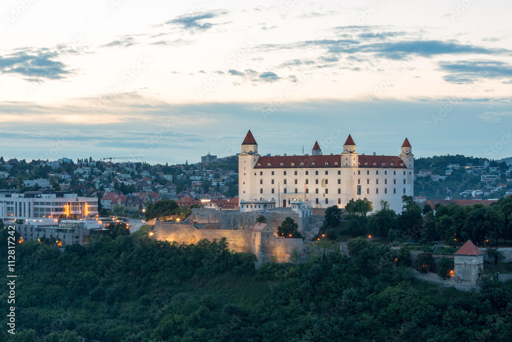 Bratislava, Slovakia - Castle and parliament, sunset view from observation deck of the Bridge