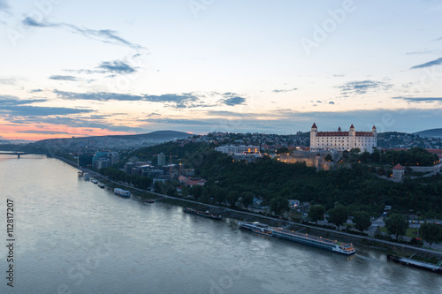 Bratislava, Slovakia - Castle and parliament, sunset view from observation deck of the Bridge