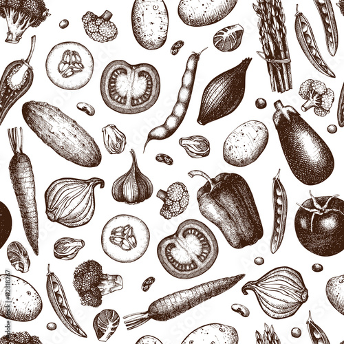 Seamless pattern with hand drawn vegetables illustration. Vintage background with healthy food sketch