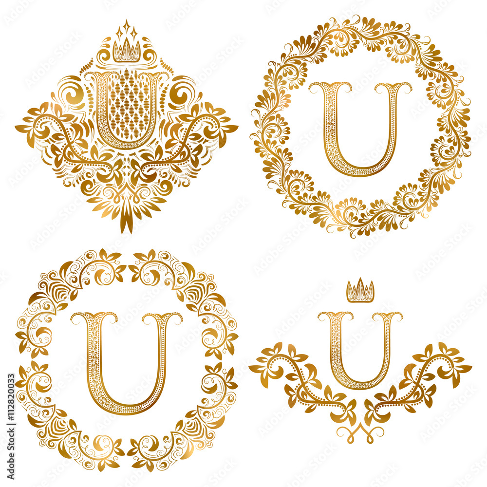 Golden U letter vintage monograms set. Heraldic coats of arms and round ...