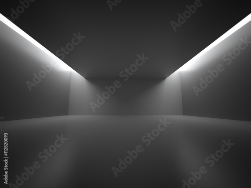 Empty Dark Room With Blank Frames Decorate Lights. Interior Background. 3d Render Illustration.
