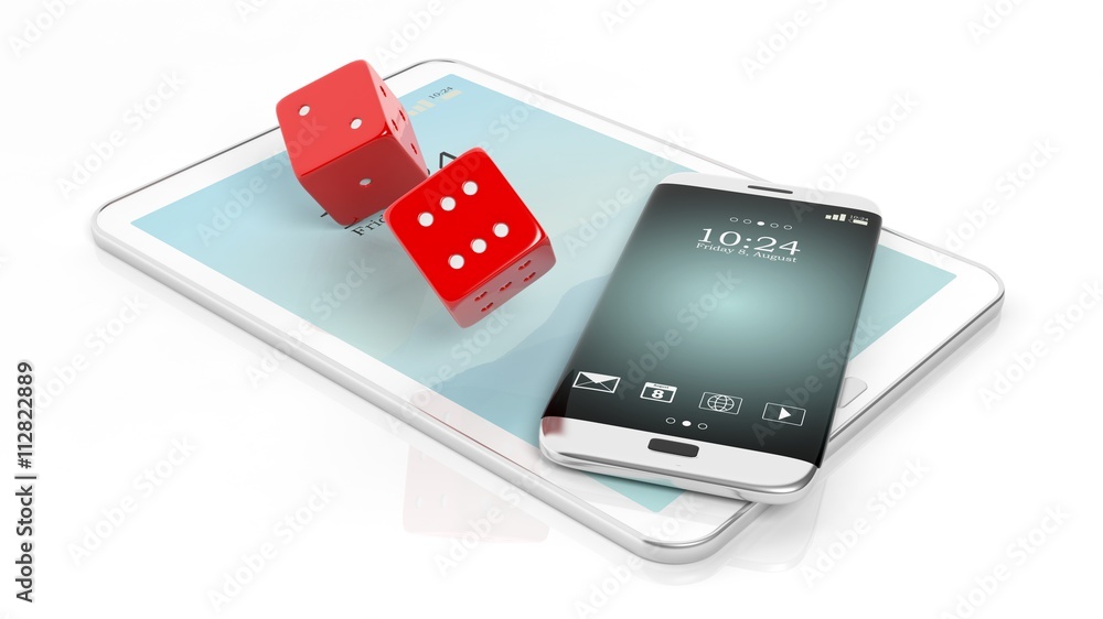 3D rendering of two red dices with smartphone and tablet, isolated on white. 3D rendering of two red dices with smartphone and tablet, isolated on white.