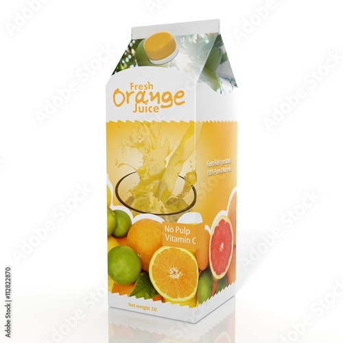 3D rendering of  Orange Juice paper packaging, isolated on white background. photo