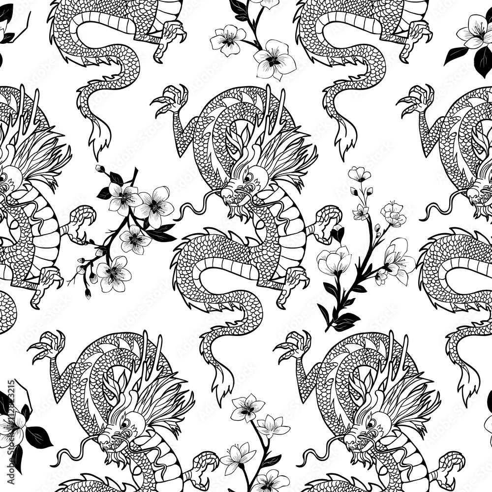 Fototapeta premium chinese Dragon and sakura . Vector seamless pattern