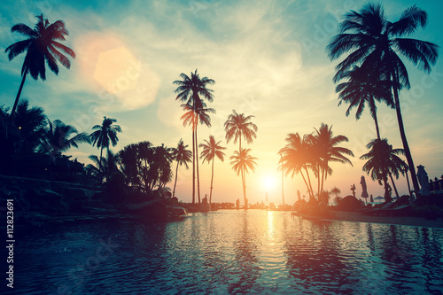 Soft sunset on a palm tree tropical sea beach. © De Visu