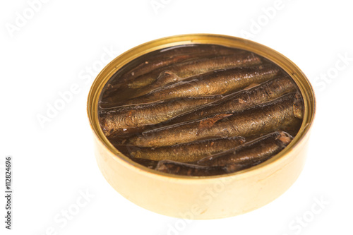 Open can of sprats on a isolated background