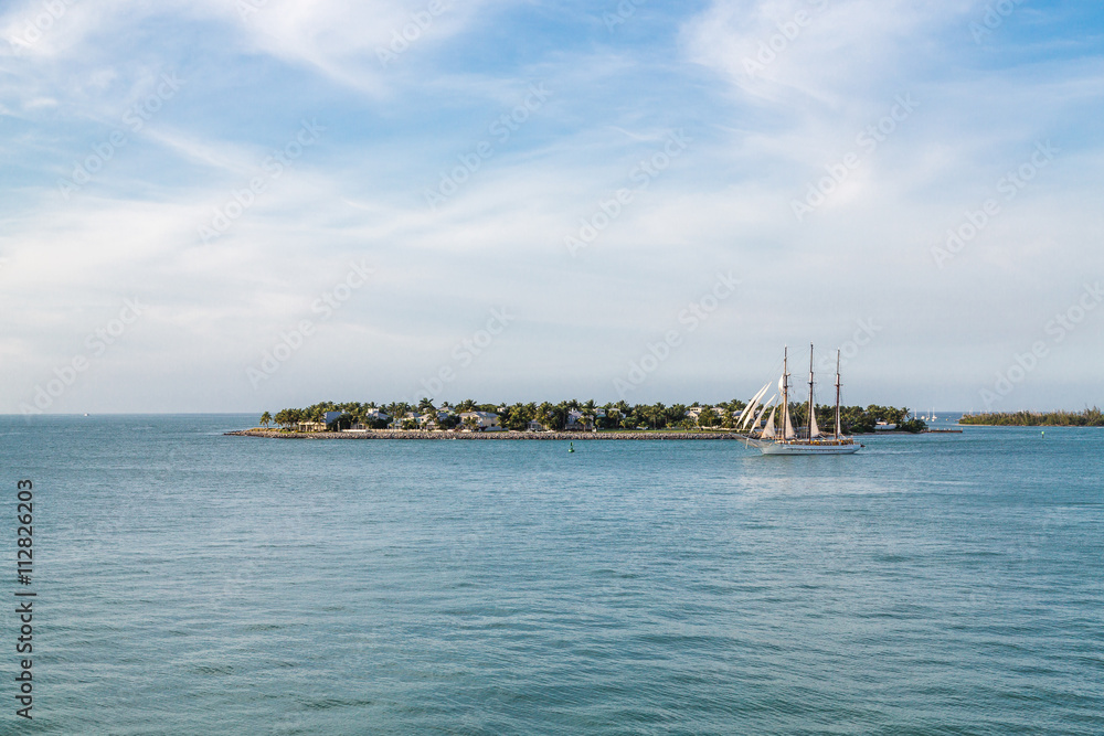 Three Masts Sailing Past Island