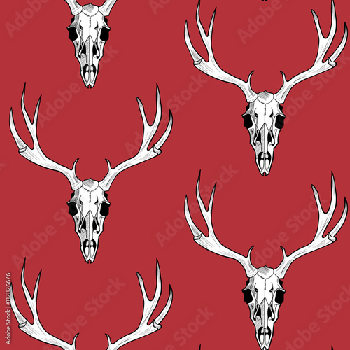 White deer skull on  red a  background vector seamless pattern