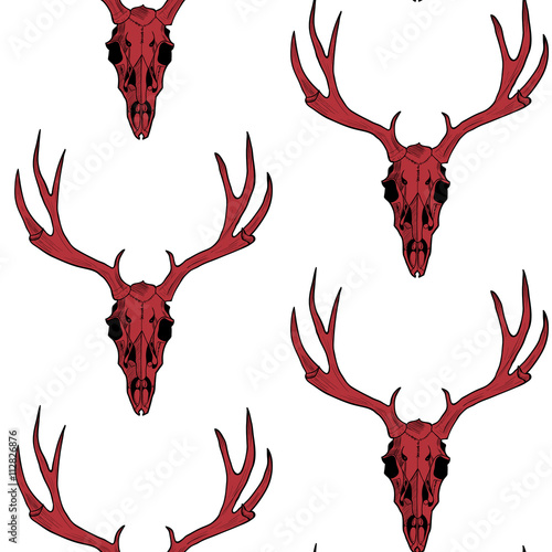  Red deer skull on white a  background vector seamless pattern