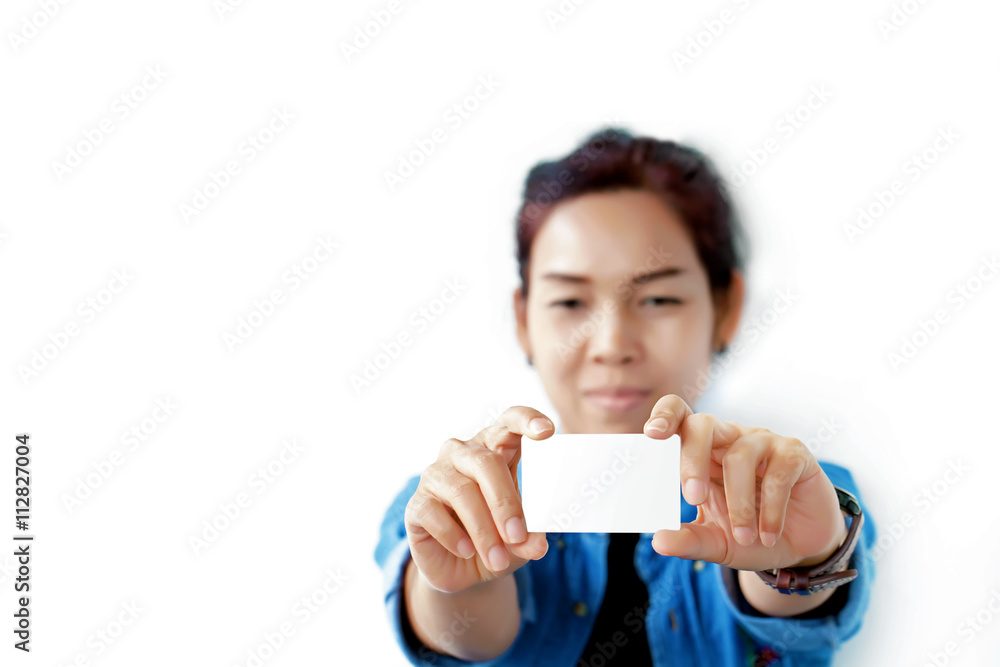 Smiling woman holding blank empty credit card or business card., Isolated on white background. Smiling woman holding blank empty credit card or business card., Isolated on white background.