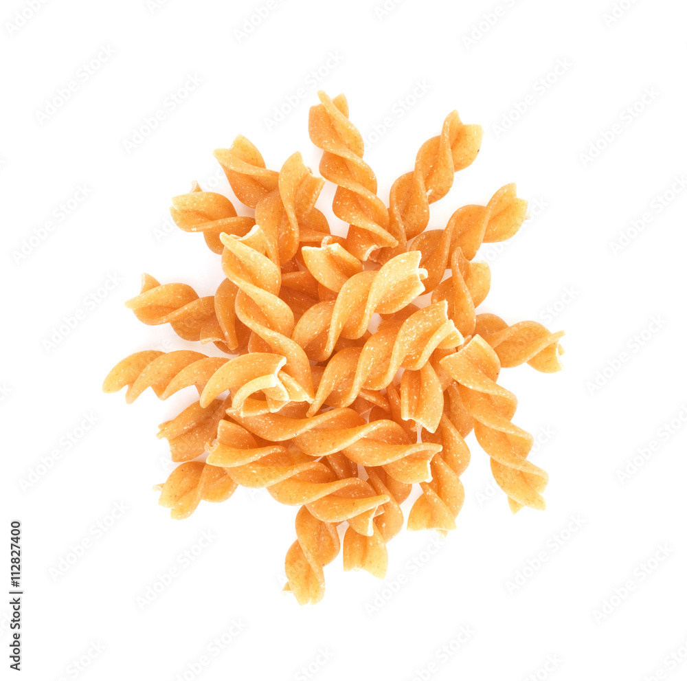 Heap of fusilli - traditional italian pasta isolated on white background. Design element for bakery product label, catalog print, web use. Top view. Heap of fusilli - traditional italian pasta isolated on white background. Design element for bakery product label, catalog print, web use. Top view.