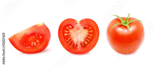 Ripe red whole tomato, half and slice of tomato isolated on a white background. Design element for product label, catalog print, web use.