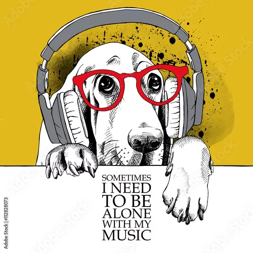 Obraz Portret psa Basset Hound w słuchawkach. Ilustracji wektorowych.