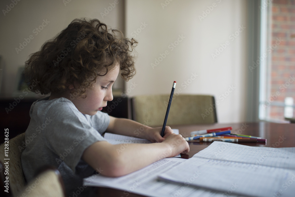 Boy At Home Sitting At Table And Doing Homework Boy At Home Sitting At Table And Doing Homework
