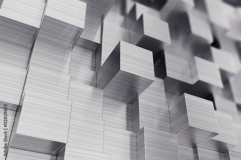 Obraz premium Scratched cubes abstract background with focus effect. 3d illustration