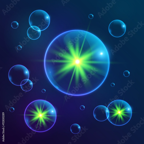 Blue shining cosmic bubbles with green lights